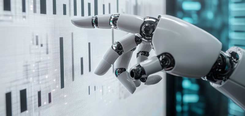 An AI robot pointing to a graph chart, explaining data trends and financial analysis in a modern setting, symbolizing the role of AI in financial reporting