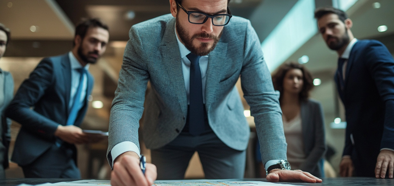 A person looking down at a paper with a team behind them, confidently making business decisions, representing the impact of AI on decision-making.