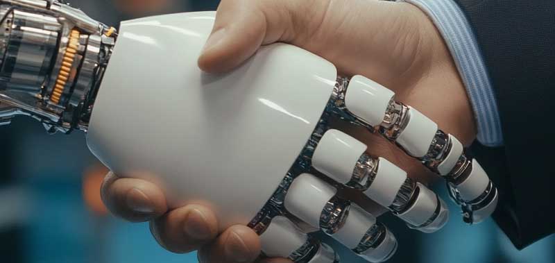An AI robot and a human accountant shaking hands in a modern office setting, symbolizing the collaboration between AI technology and human expertise in financial reporting.