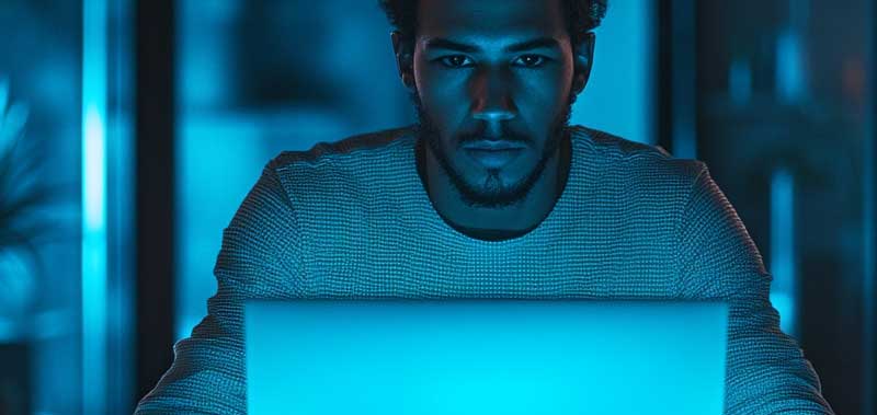 A person sitting behind a laptop in an office, illuminated by blue light from the screen, symbolizing the integration of AI into financial reporting processes."