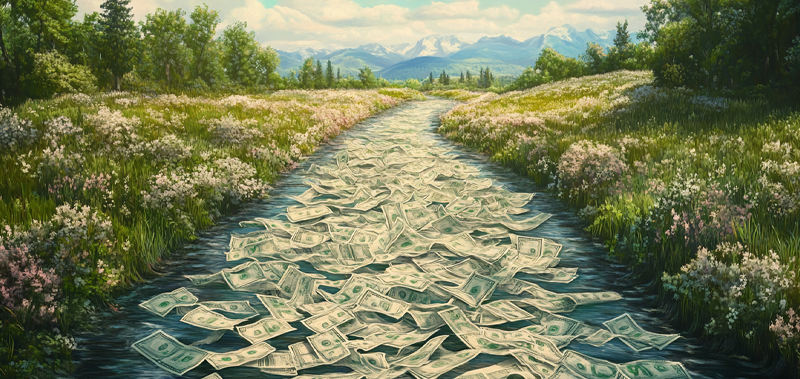 A stream made of money flowing through a scenic landscape, symbolizing cash flow and its importance in business financial health.