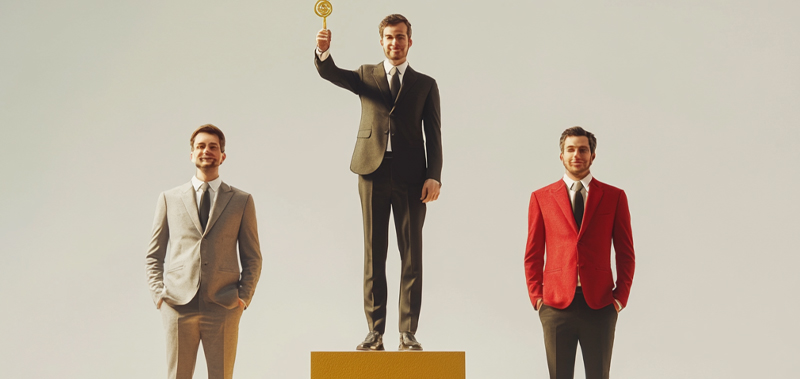 Accountants standing on an Olympic podium, with the one in the middle receiving a gold medal, symbolizing success, competition, and achievement in the financial reporting industry.
