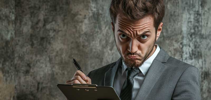 A stern person looking down at the camera while holding a clipboard, checking off compliance details.