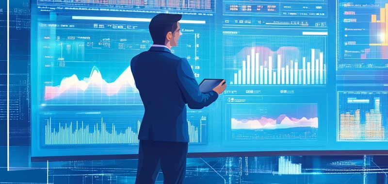 An accountant and a client looking at a large screen displaying a financial dashboard, analyzing key financial data together.