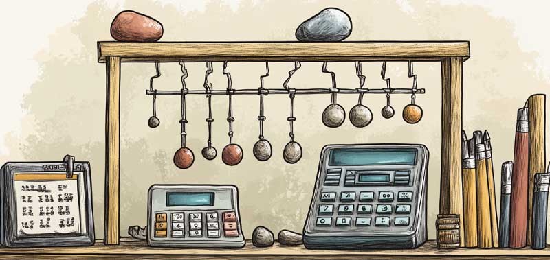 A visual progression of an accountant's tools over time, showing a person first counting rocks, then using an abacus, followed by a calculator, and finally working on a computer in a modern office.