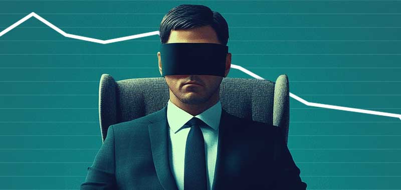 A blindfolded man standing in front of a downward-sloping graph, symbolizing a business owner unaware of their financial struggles
