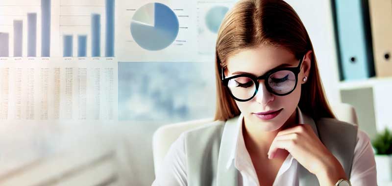 A woman wearing glasses, sitting behind a laptop in an office, focused on learning financial reporting with documents and charts around her.