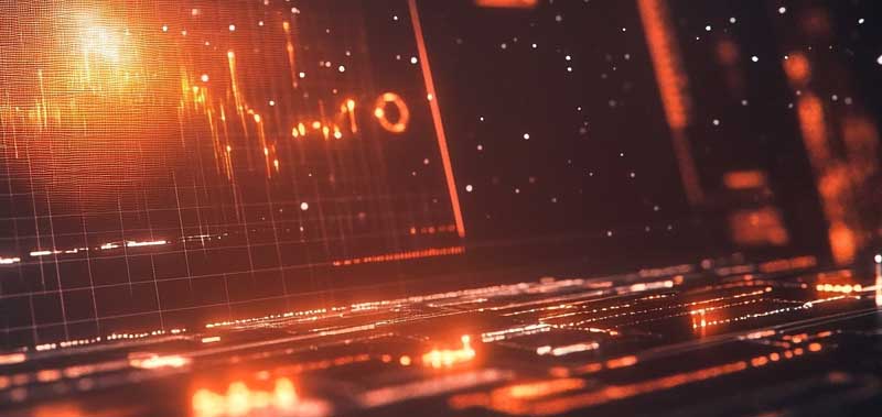 Futuristic space-themed technology with glowing lights and data streams, representing the future of financial reporting and data analytics.
