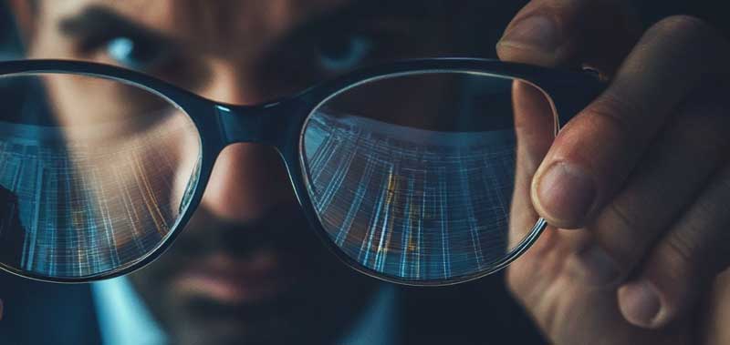 A man looking through glasses with financial data reflected in the lenses, symbolizing a forward-thinking approach to financial reporting and analysis