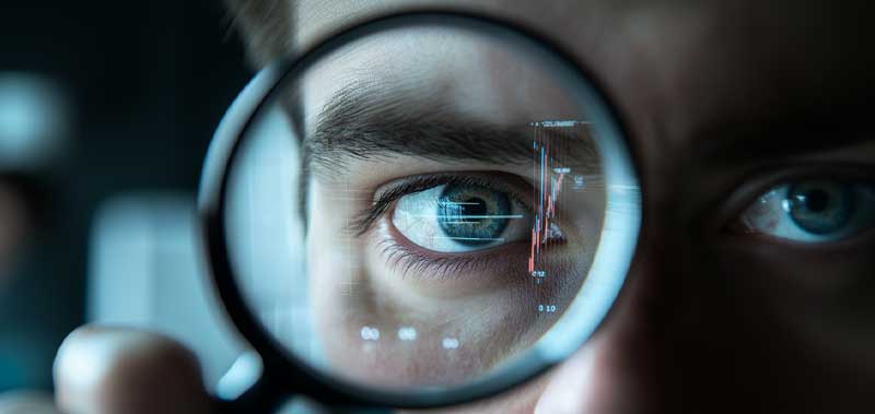 A person looking through a magnifying glass, closely examining key financial metrics and data, symbolizing the in-depth analysis of financial statements.