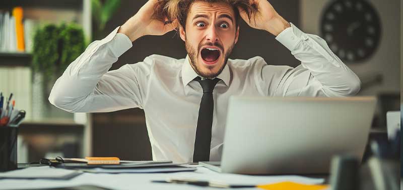 An accountant pulling their hair in frustration, overwhelmed by complex financial data and outdated spreadsheets