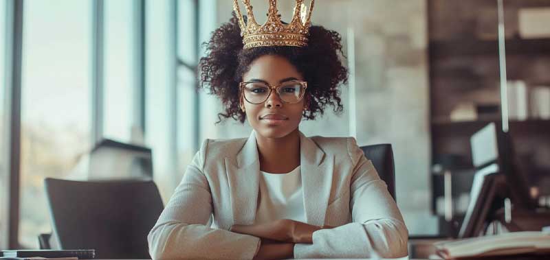 A confident woman wearing a crown, standing in front of financial data trends and graphs, symbolizing mastery and leadership in data analysis.