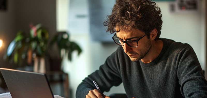 An accountant sitting at a desk, focused on financial documents and a laptop in a natural office setting.