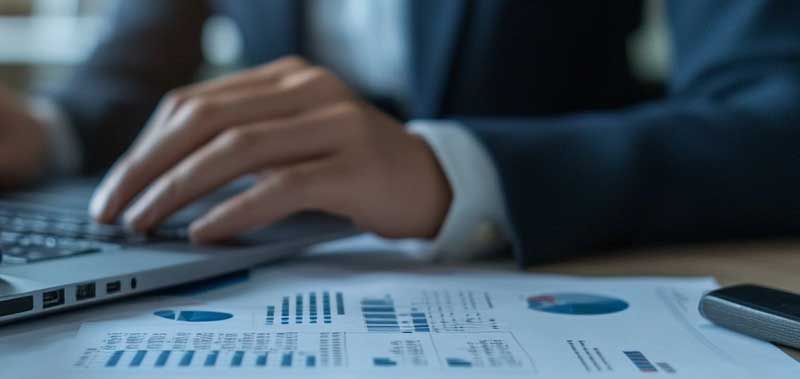 An accountant reviewing financial reports and charts illustrating risk management strategies like diversification and hedging.