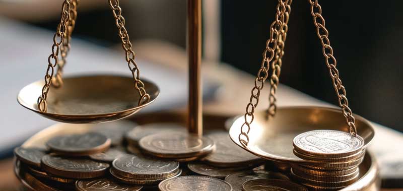 A scale balancing money, symbolizing the relationship between financial assets and liabilities in a balance sheet
