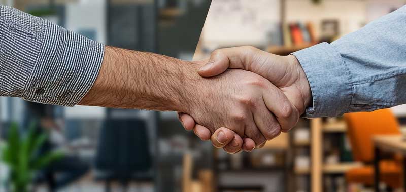 Two hands shaking with a background split between an accounting firm and a mom-and-pop shop, symbolizing partnership and collaboration across business sizes.
