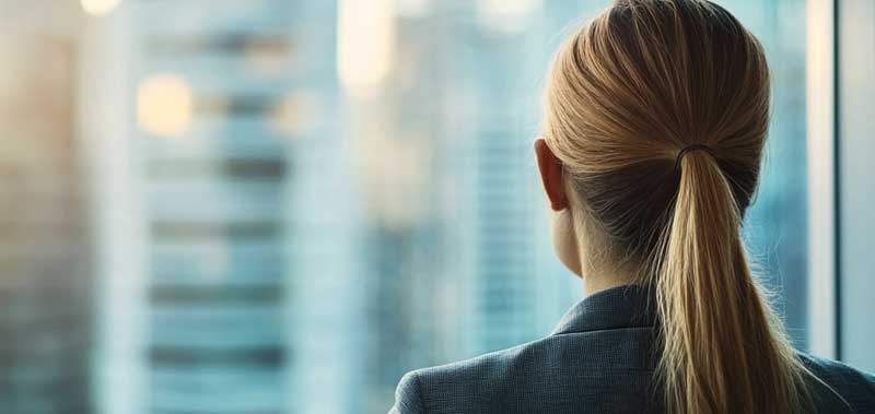 Businesswoman standing by an office window, looking out to a bright future, symbolizing transparency and endless possibilities.