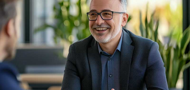 An experienced accountant discussing financial compliance strategies with a client in a professional office setting, emphasizing trust and expertise.
