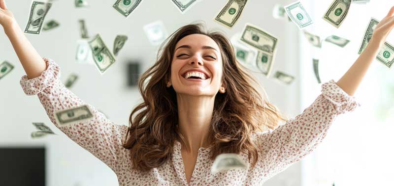 A happy businesswoman with money falling around her, symbolizing success in managing operating costs for financial growth.