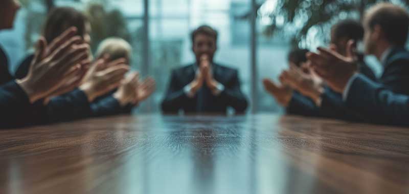A confident man standing at the end of a conference table with people clapping, symbolizing his understanding of the value of monthly, quarterly, and annual financial reporting for business success.