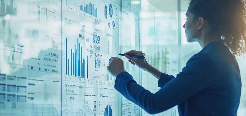 A professional working on opposite sides of a glass wall covered in financial charts and numbers, illustrating the structure and transparency of GAAP.