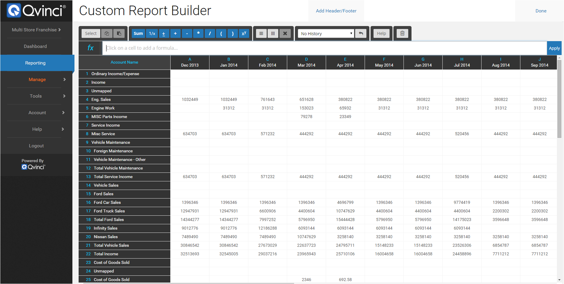 Screenshot of the Qvinci Report Builder interface, displaying its user-friendly design for creating and customizing financial reports. The interface highlights various tools and options for building detailed reports.